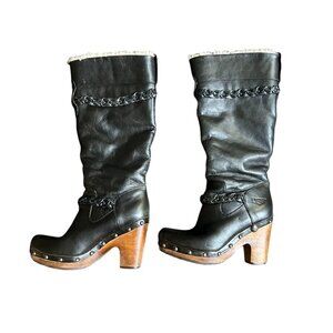 UGG Savanna Shearling Lynnea Black Leather Studded Clog Boots US 9